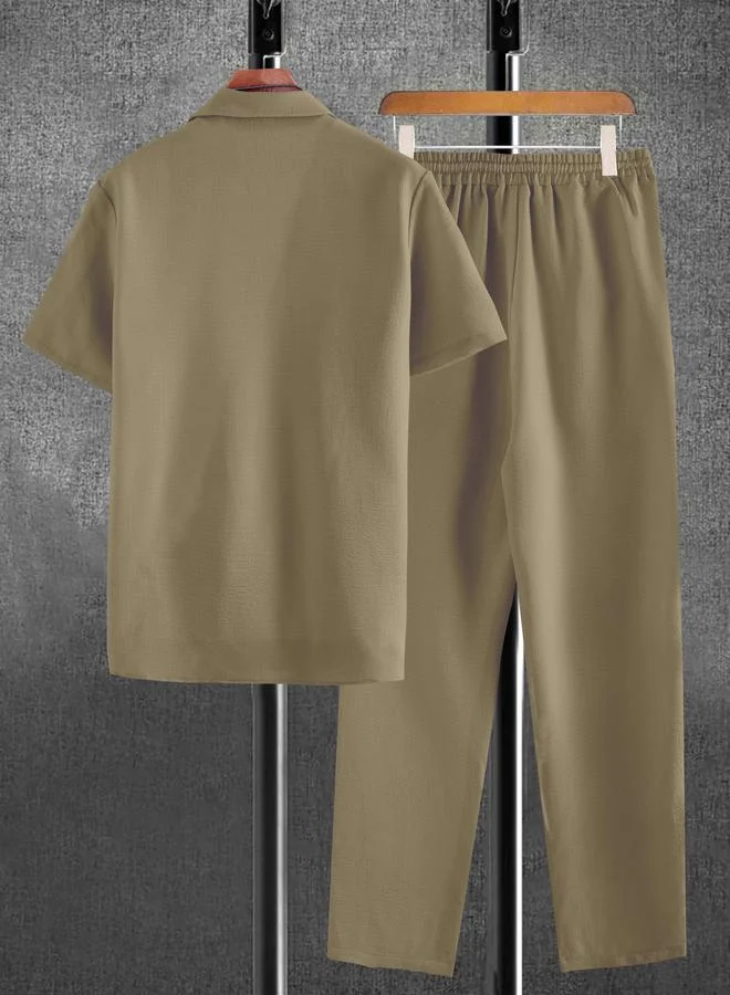 Take Two Men Beige Linen Look Shirt and Trousers Co-Ords